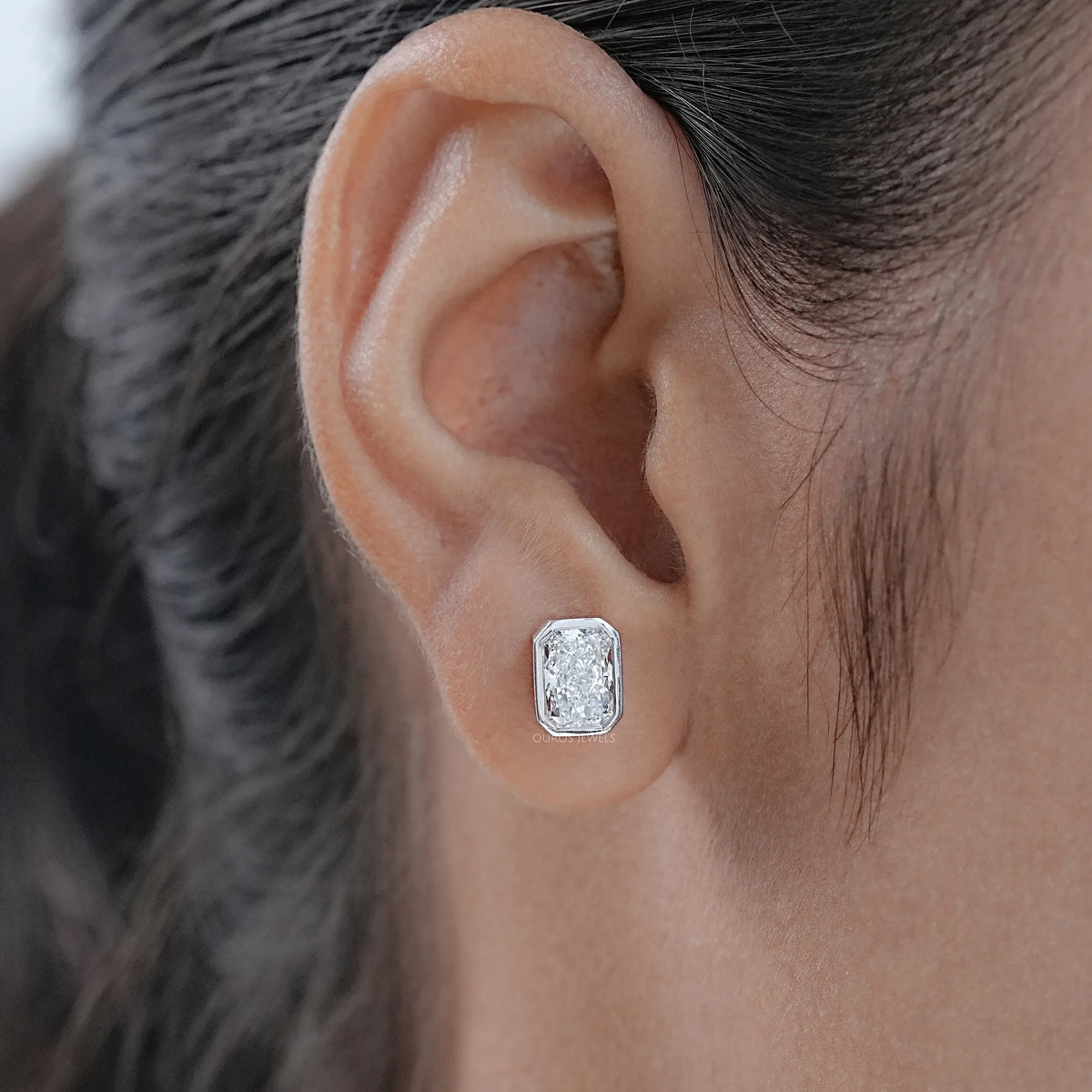 Bezel Radiant Lab Diamond Stud Earrings