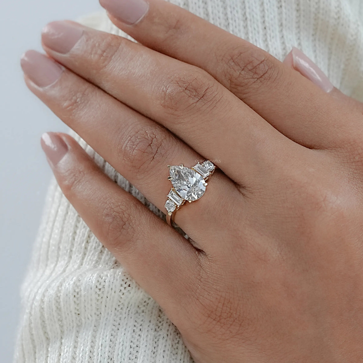 Pear And Baguette Diamond Five Stone Engagement Ring Rings