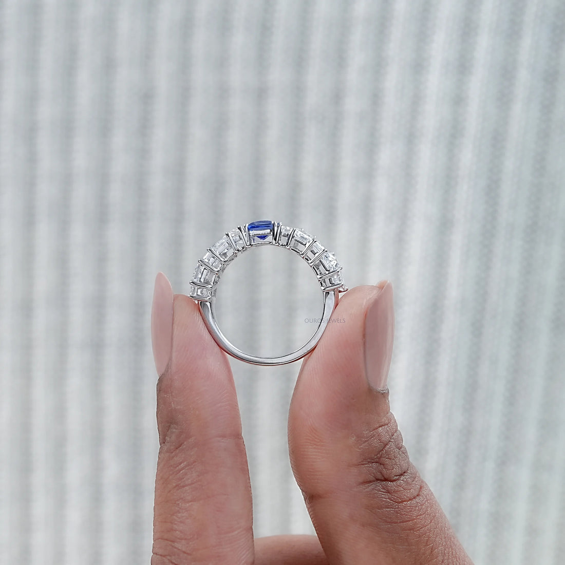 Sapphire Princess And Tapered Baguette Cut Half Eternity Band Rings