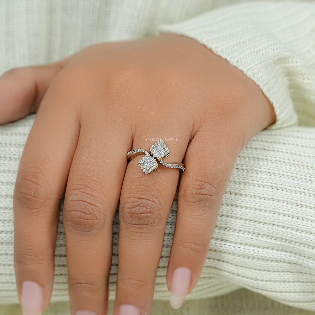 Two Stone Bullet Cut Halo Diamond Bypass Ring Ring