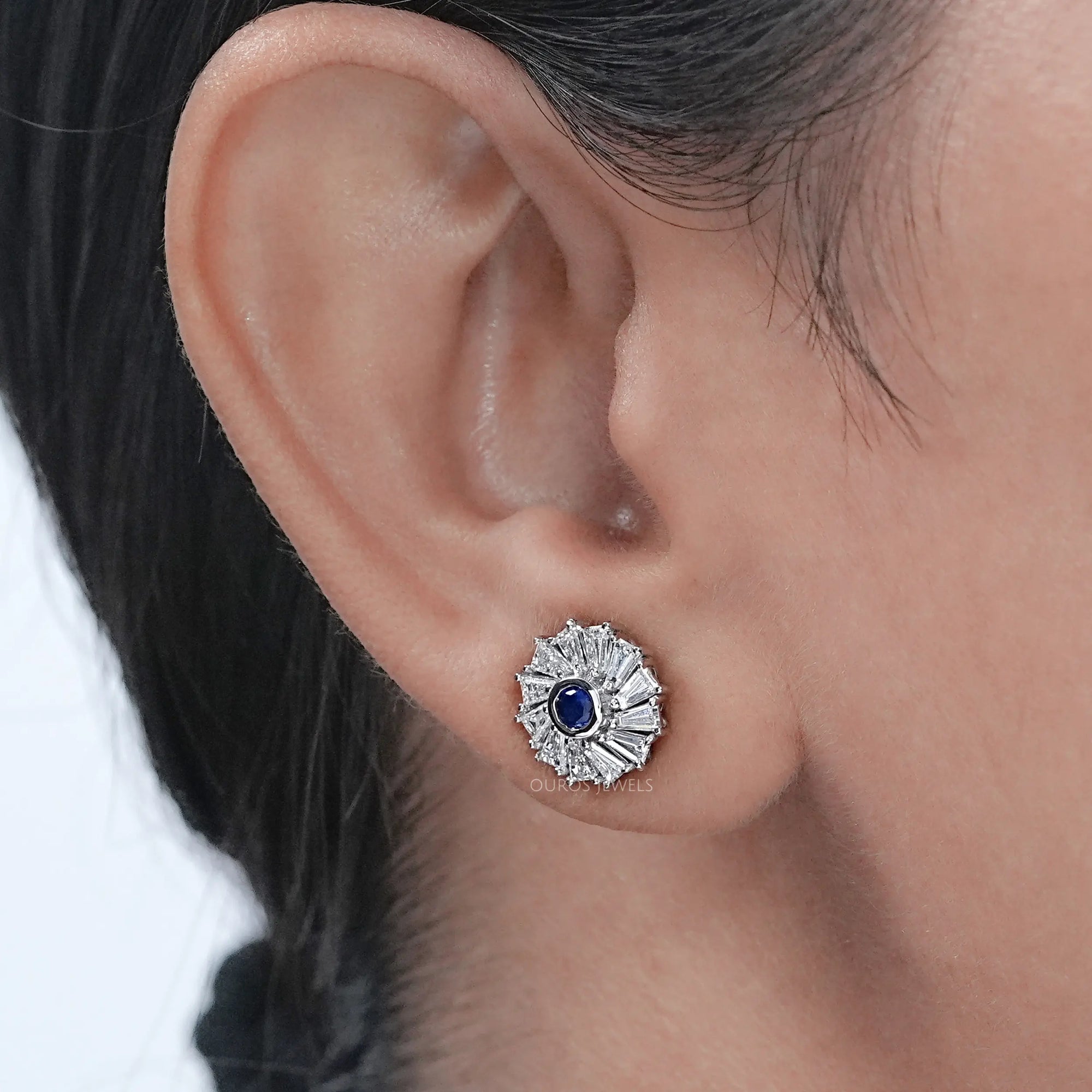 Tapered Baguette Blue Gemstone Stud Earring Earrings
