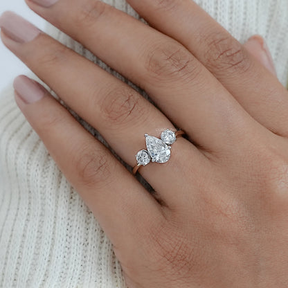 Three Stone Pear Diamond Hidden Halo Engagement Ring Rings