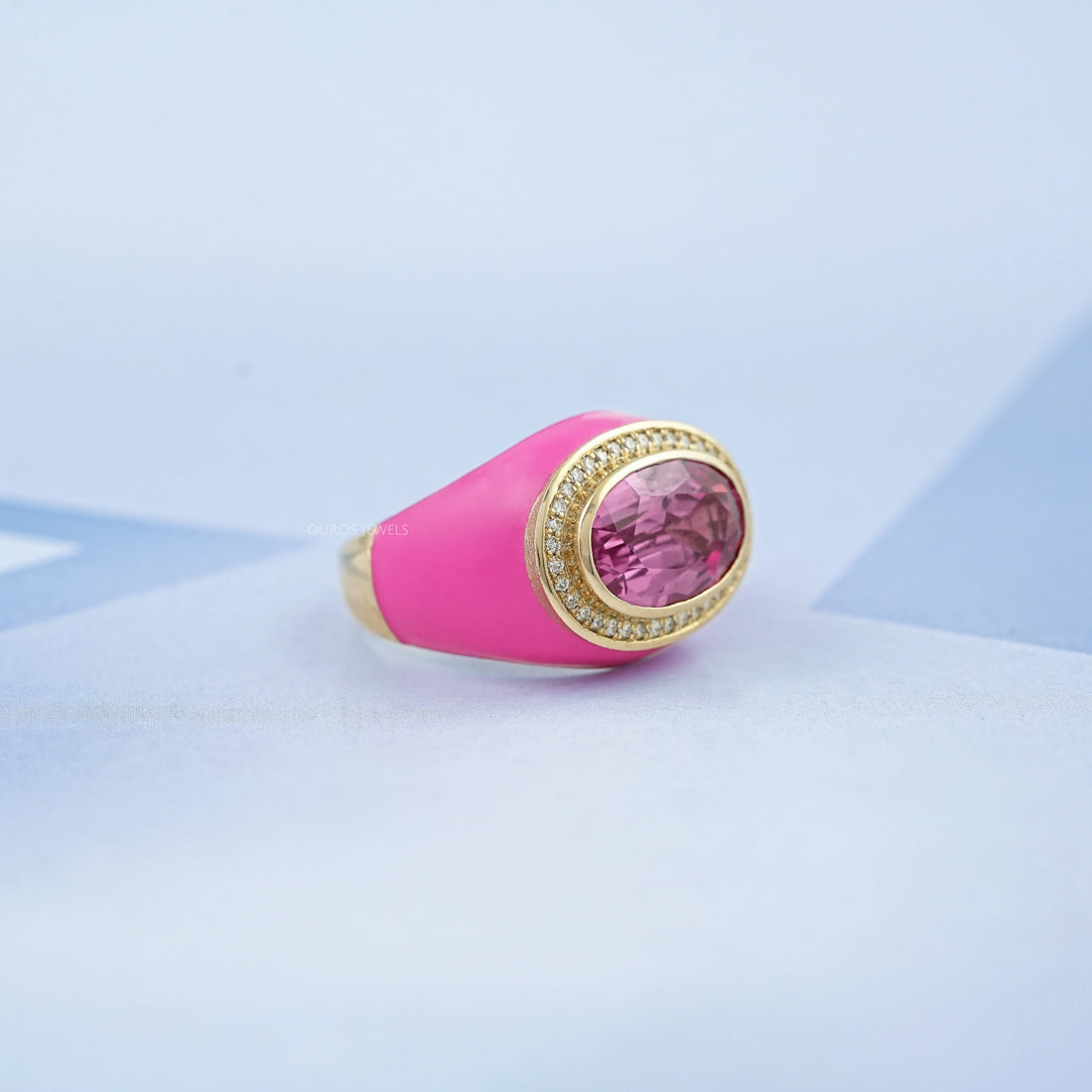 Blue Topaz East West Oval With Enamel Cocktail Ring Rings