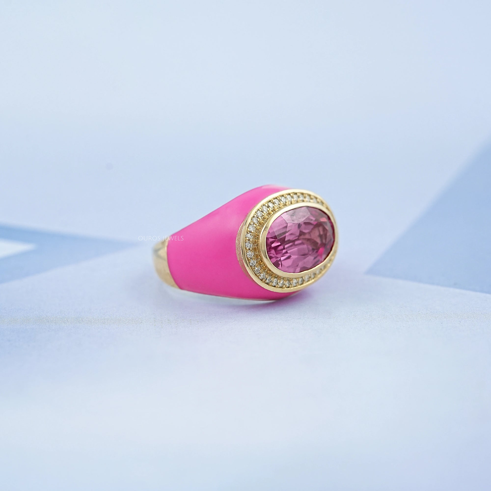 Blue Topaz East West Oval With Enamel Cocktail Ring Rings