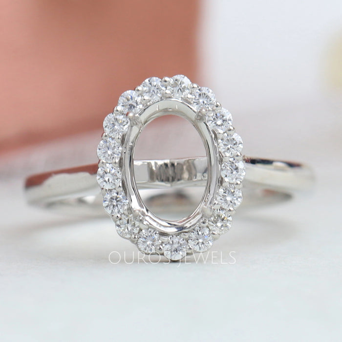 Oval Shape Halo Semi Mount Engagement Ring Ring