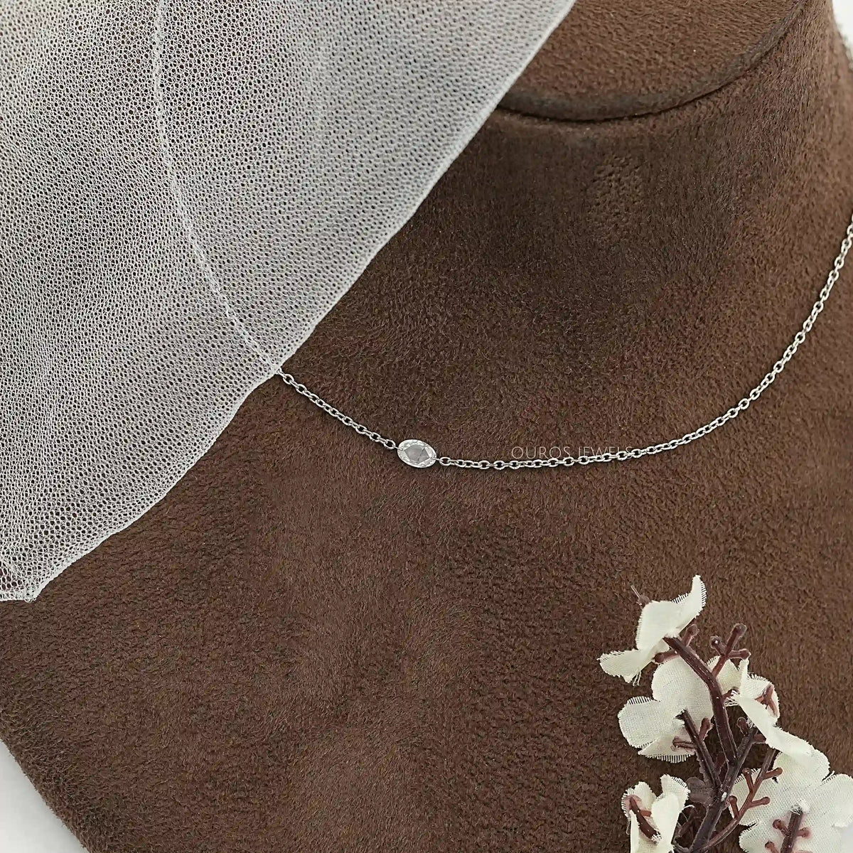 East West Rose Cut Oval Diamond Solitaire Necklace