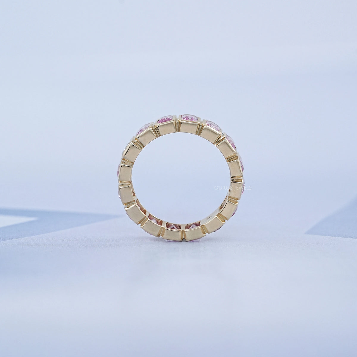 Sapphire Pink Emerald Cut Bezel Set Eternity Wedding Band Rings