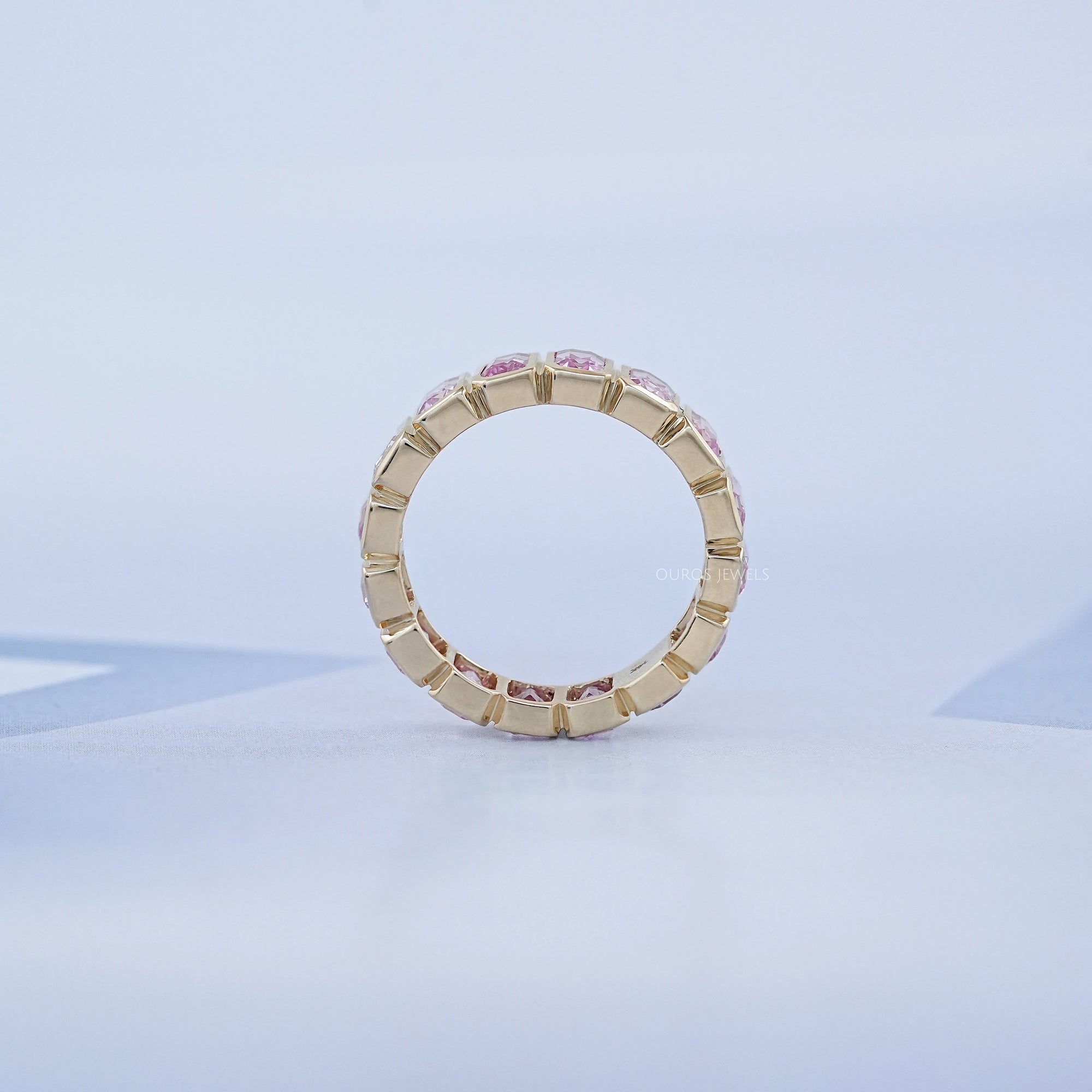 Sapphire Pink Emerald Cut Bezel Set Eternity Wedding Band Rings