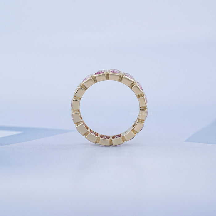Sapphire Pink Emerald Cut Bezel Set Eternity Wedding Band Rings