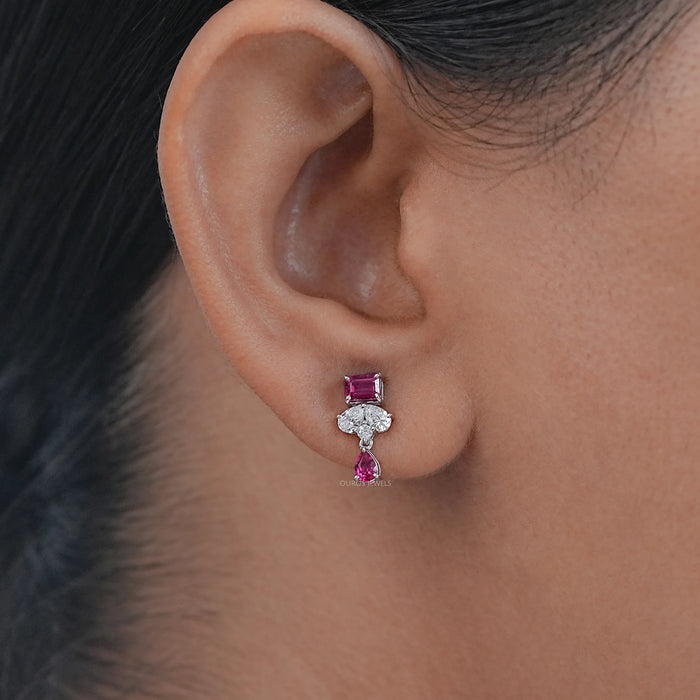 Pink Emerald Gemstone And Pear Diamond Drop Earrings