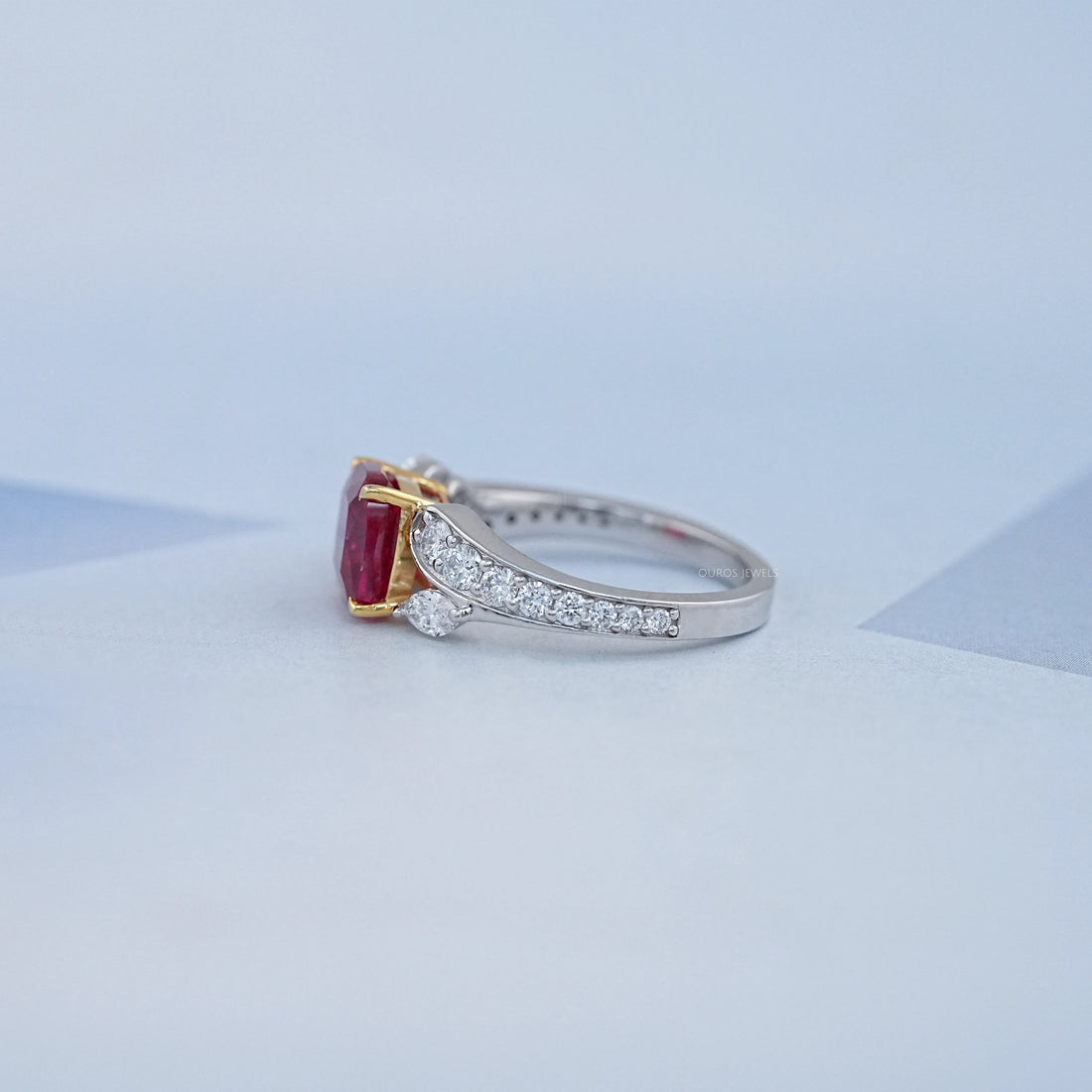 Ruby Cushion Gemstone And Lab Diamond Split Shank Ring Rings
