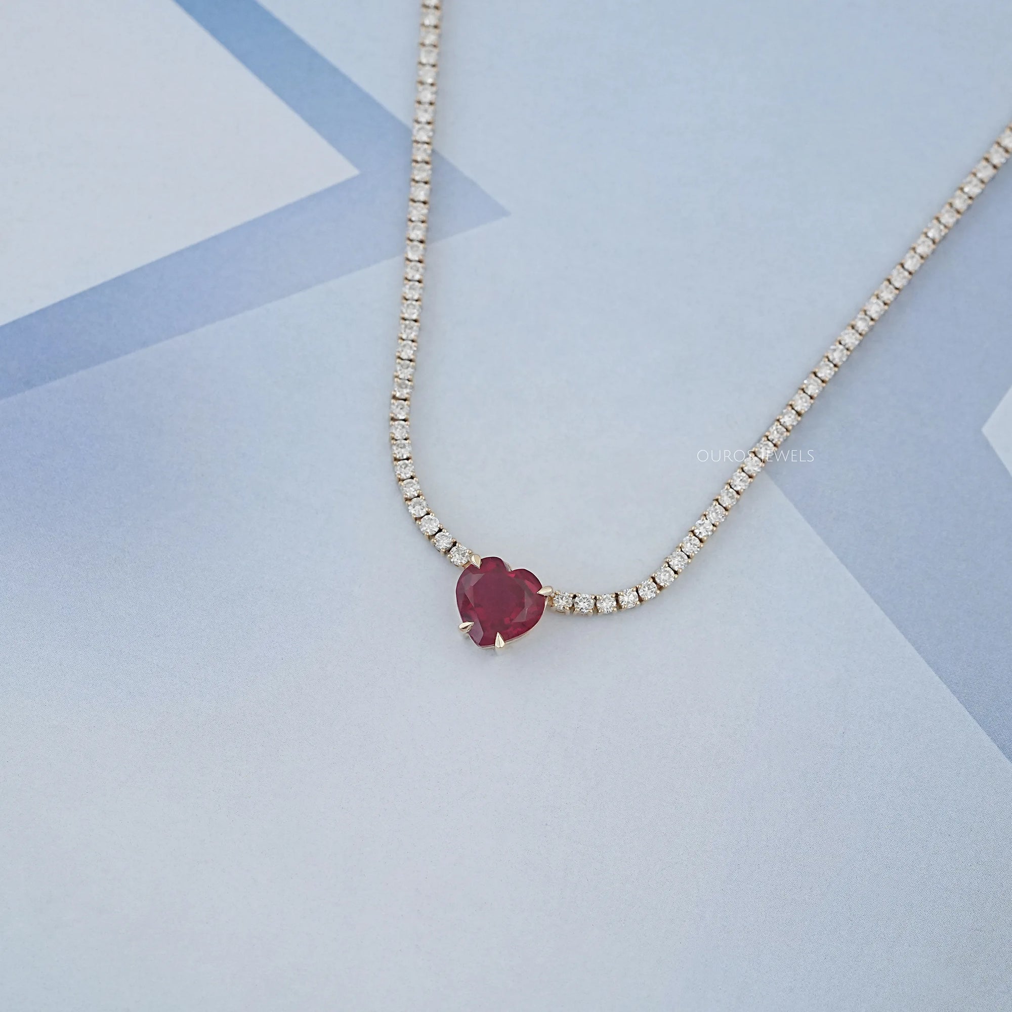 Ruby Heart And Round Diamond Tennis Necklace Necklaces