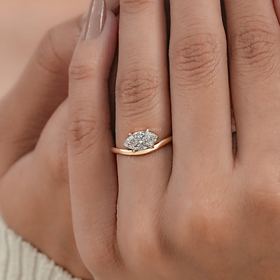 Marquise Lab Diamond Solitaire Curved Ring Ring