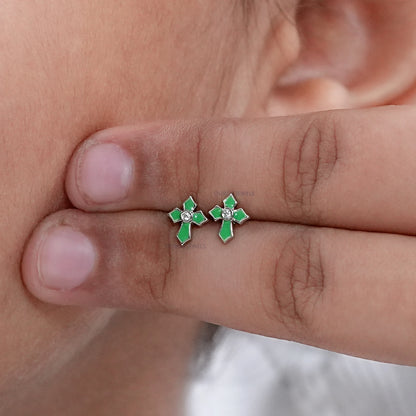Enamel Green Cross Earrings For Kids Earrings