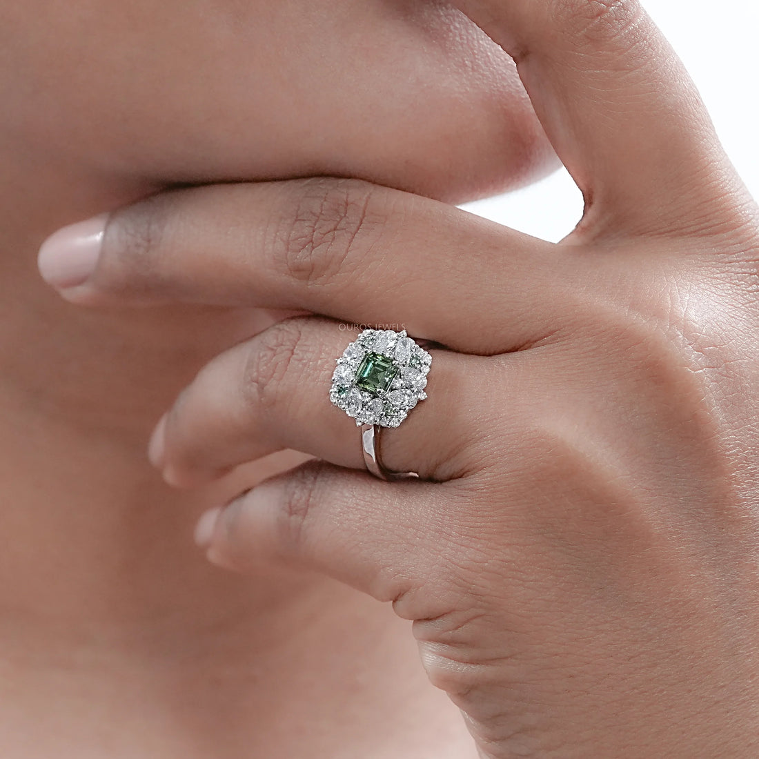 Green Asscher Lab Diamond Cluster Engagement Ring