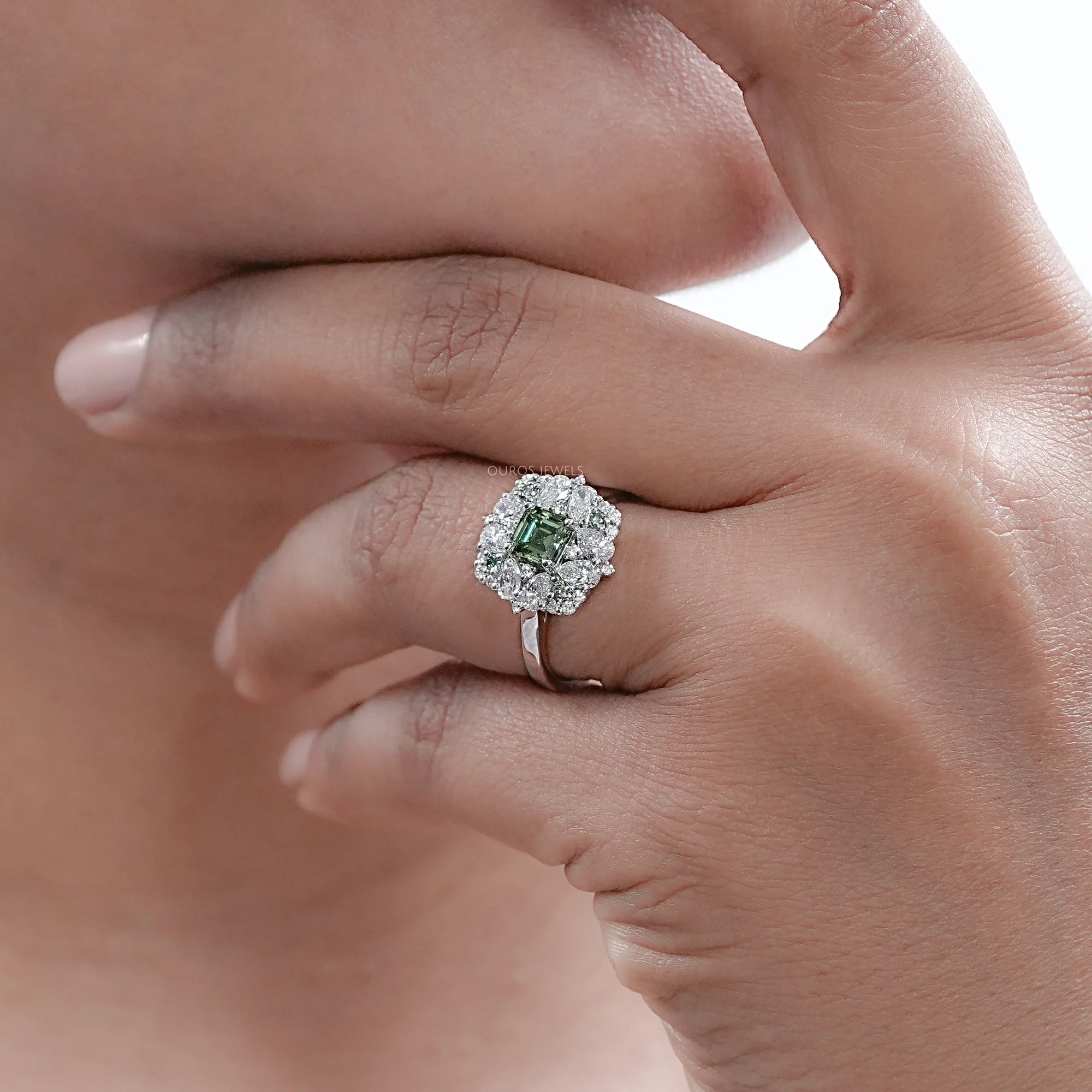 Green Asscher Lab Diamond Cluster Engagement Ring