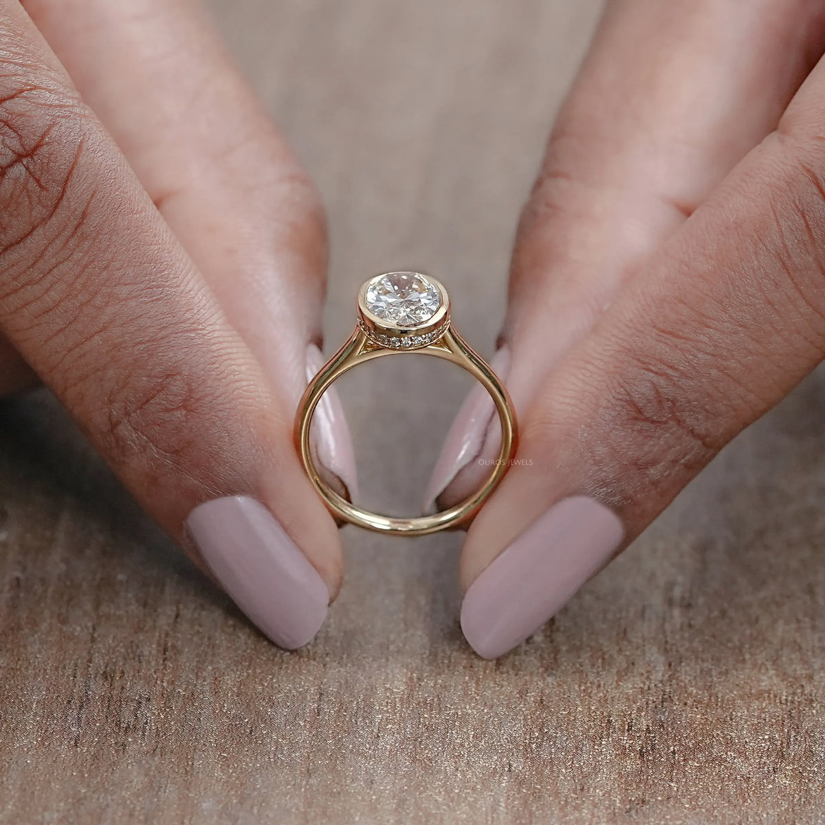 Oval Lab Diamond Hidden Halo Bezel Engagement Ring Rings
