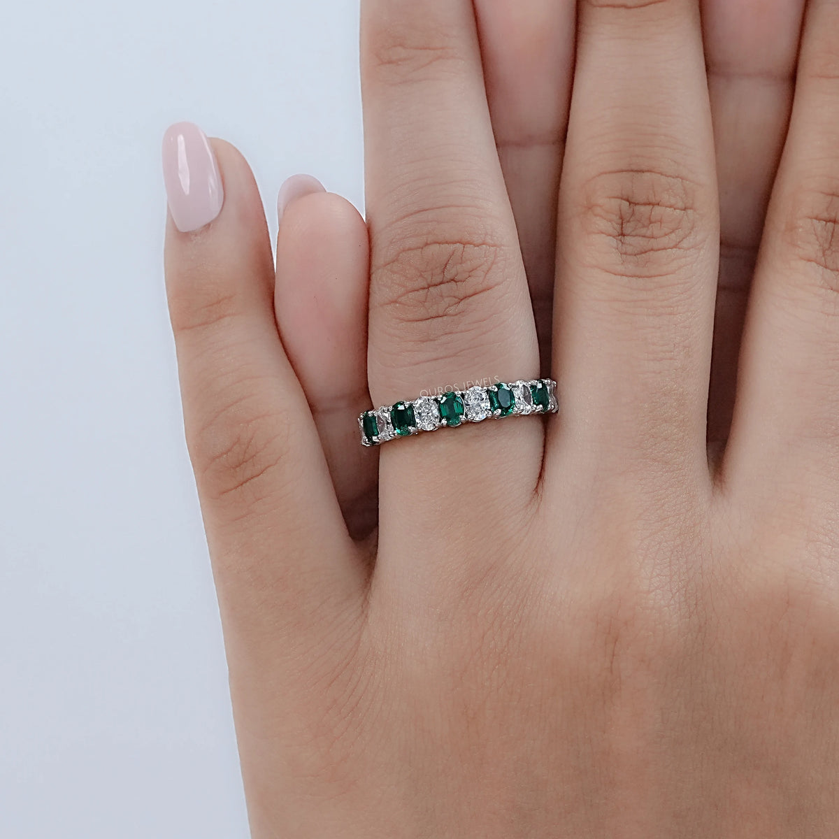 Green Oval Gemstone Half Eternity Wedding Band Rings
