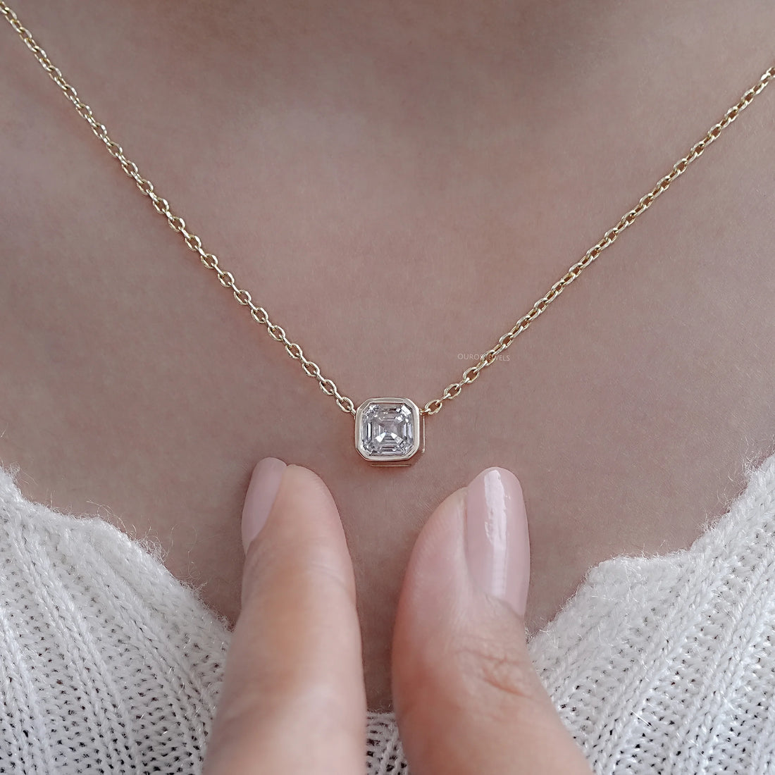 Bezel Set Asscher Cut Lab Diamond Pendant Necklaces