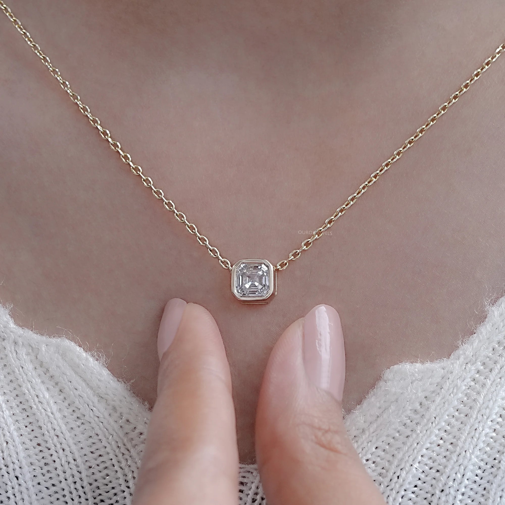 Bezel Set Asscher Cut Lab Diamond Pendant Necklaces