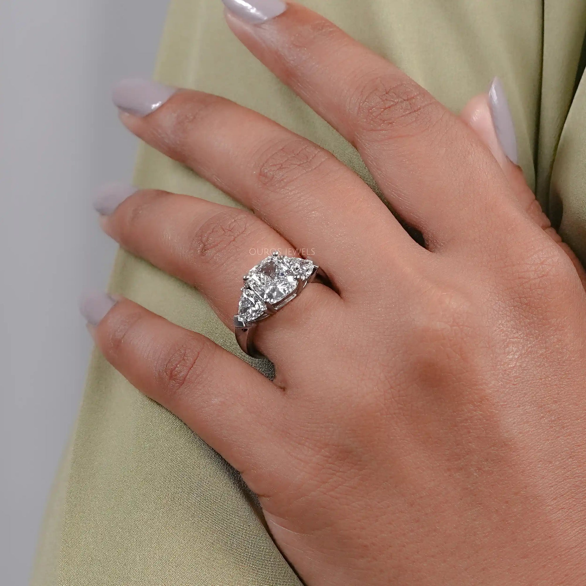 Cushion Cut Lab Diamond Three Stone Engagement Ring