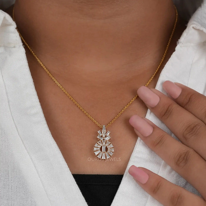 [A Women wearing Lab Diamond Pendant in Baguette Cut]-[Ouros Jewels]