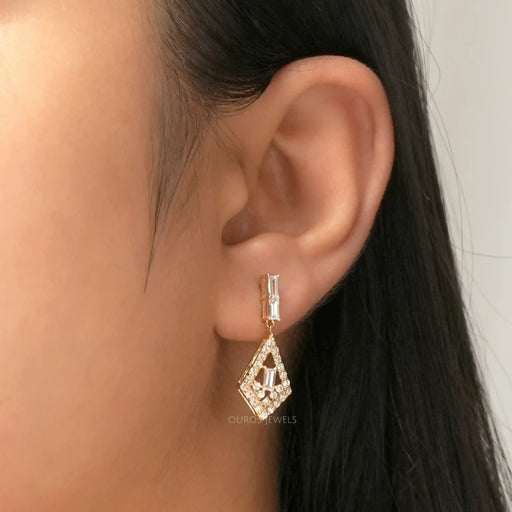 [A Women wearings Lab Diamond Drop Earrings]-[Ouros Jewels]