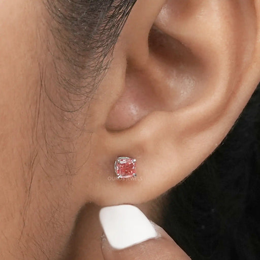 Pink Cushion Cut Single Stud  Earring