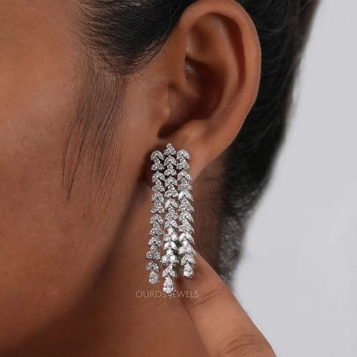 [A Women wearing Diamond Chandelier Earrings]-[Ouros Jewels]