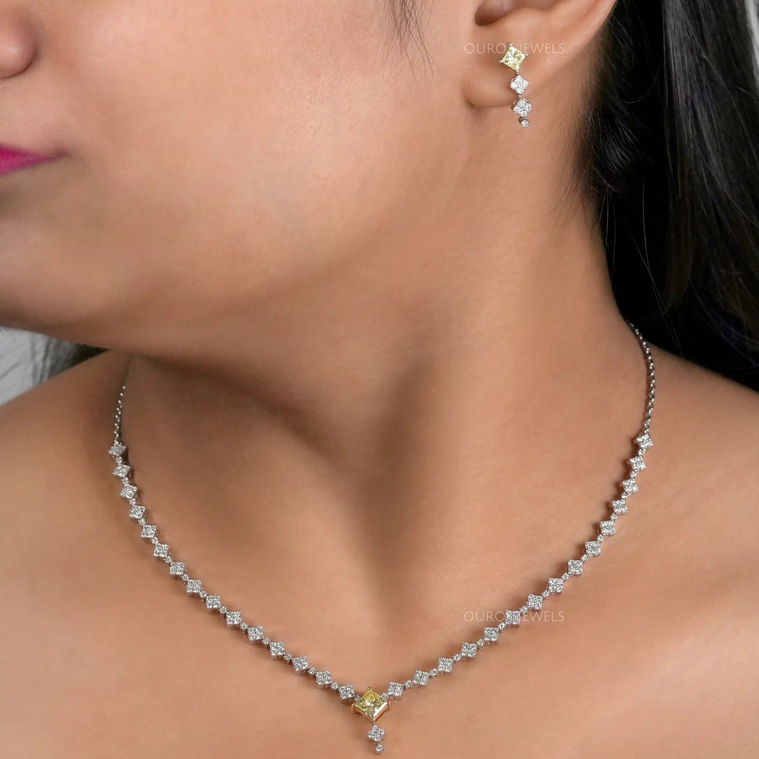 Princess And Round Cut Cluster Diamond Necklace Set Necklaces