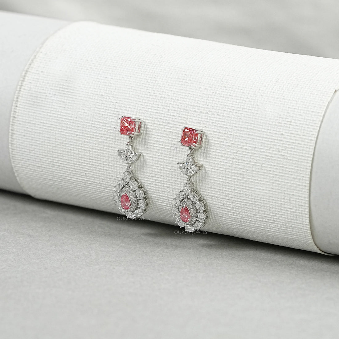 Pink Diamond Double Halo Pear Dangle Earrings Earrings