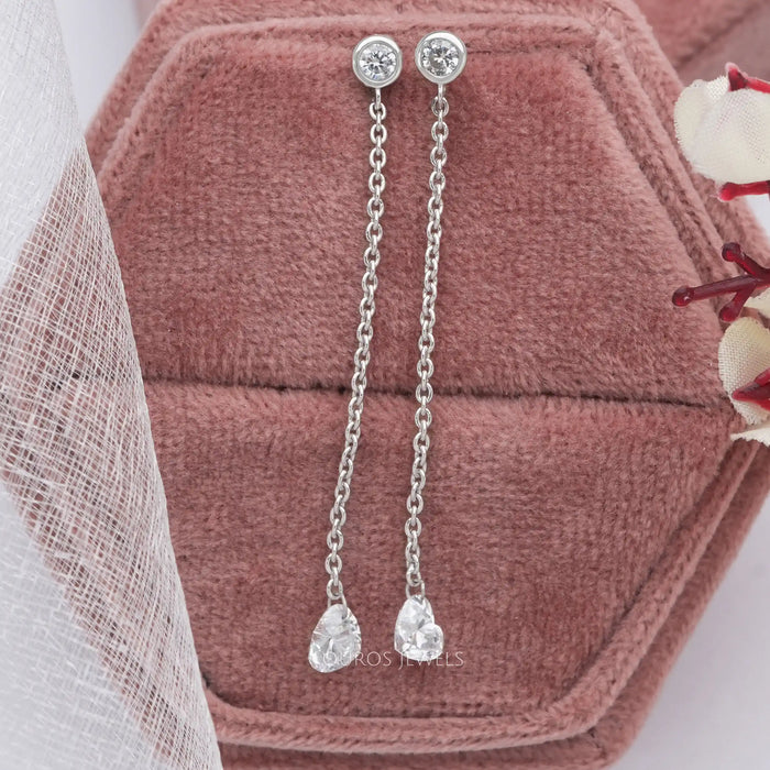 [Long Diamond Heart and Round Diamond Earrings]-[Ouros Jewels]