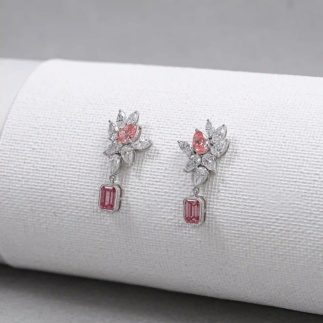Cluster Drop Earrings With Pink & White Diamonds Earring