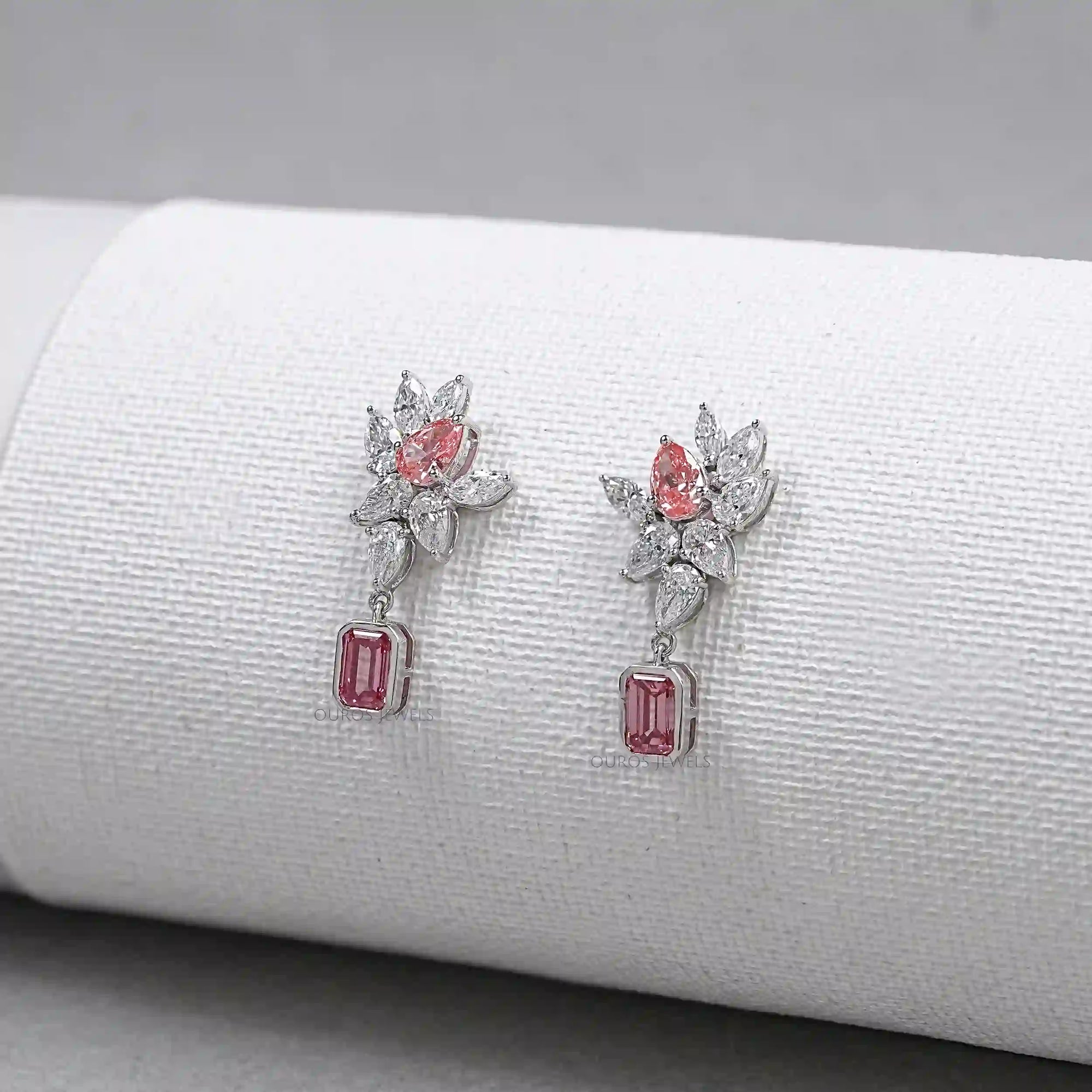 Cluster Drop Earrings With Pink & White Diamonds Earring