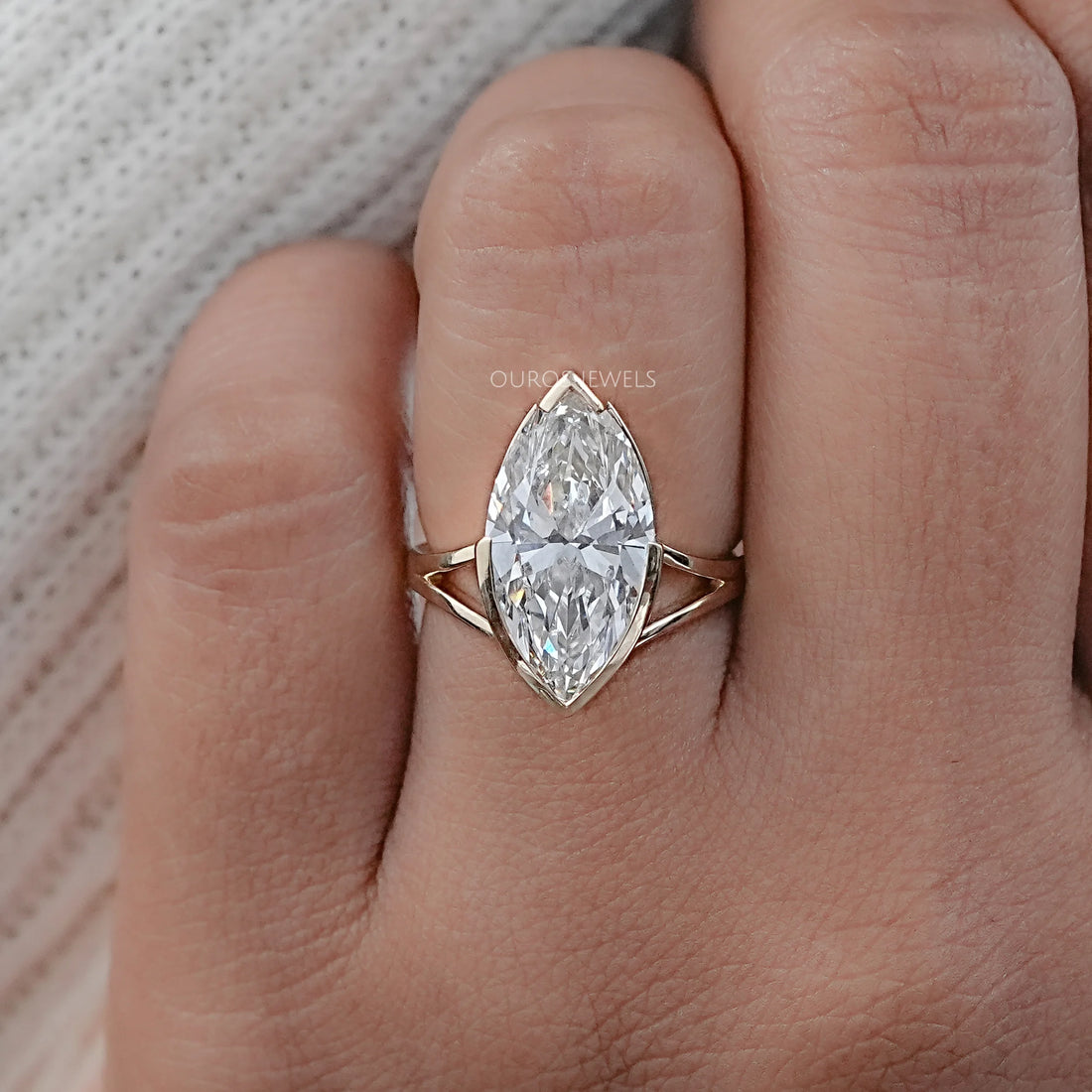 Marquise Lab Diamond Half Bezel Set Split Shank Ring Rings