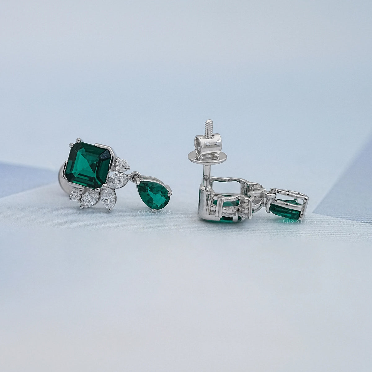 Green Asscher Gemstone And Marquise Diamond Drop Earrings