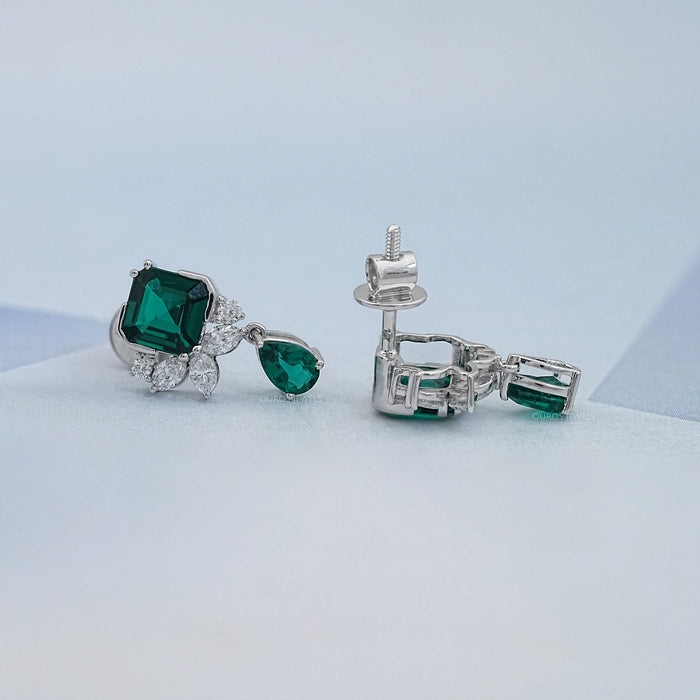 Green Asscher Gemstone And Marquise Diamond Drop Earrings