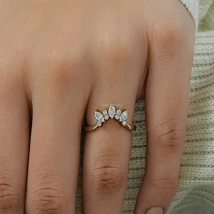 Marquise And Round Diamond Curved Dainty Ring Ring