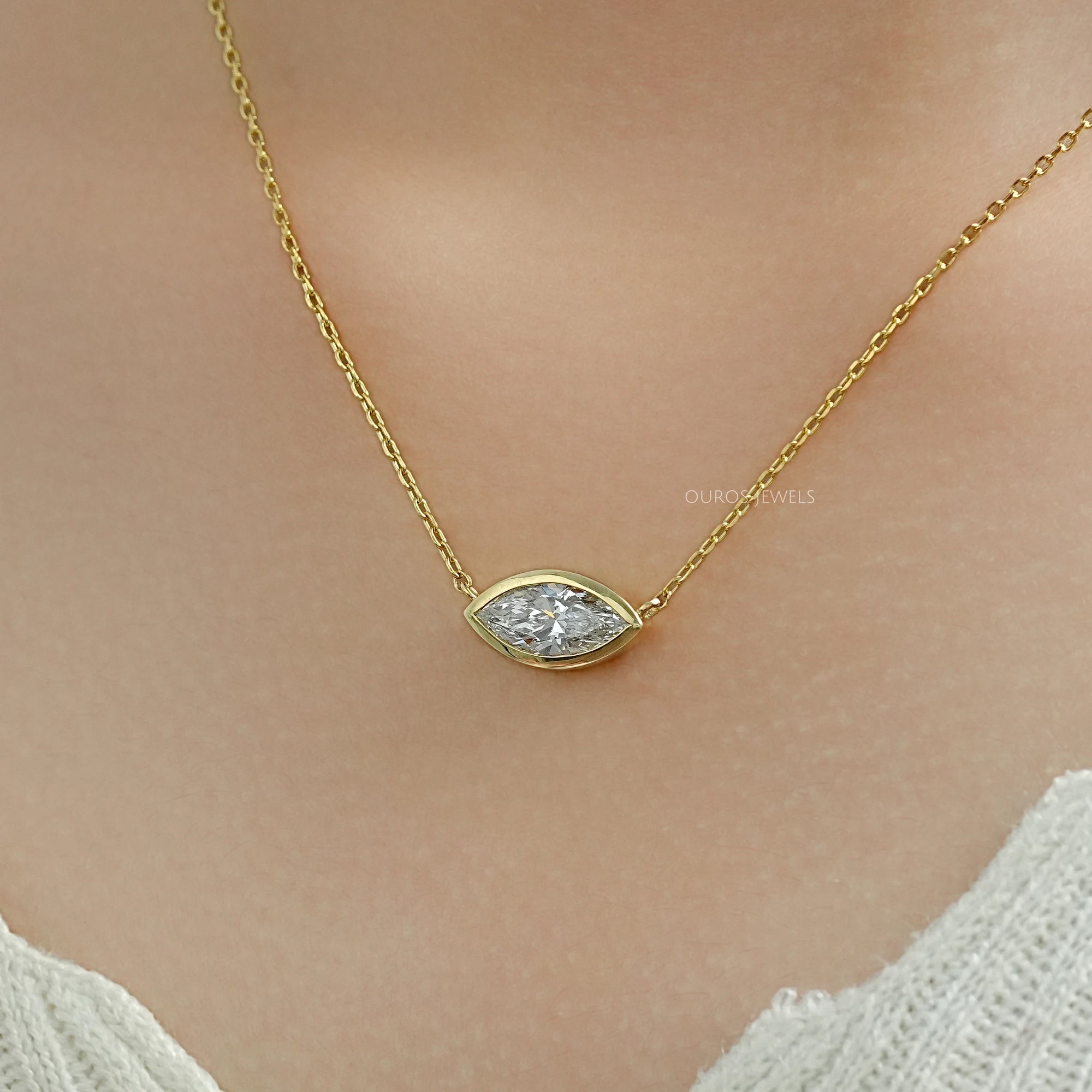 East West Marquise Diamond Bezel Set Pendant Necklaces