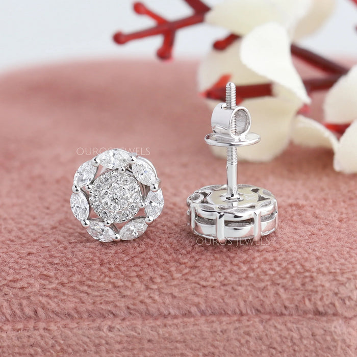 Round Cut  Halo Marquise Stud Earrings
