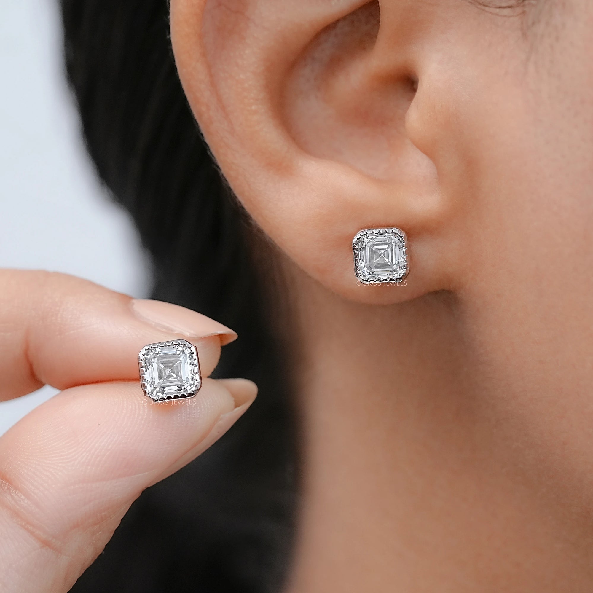 Milgrain Set Asscher Lab Diamond Stud Earrings Earrings