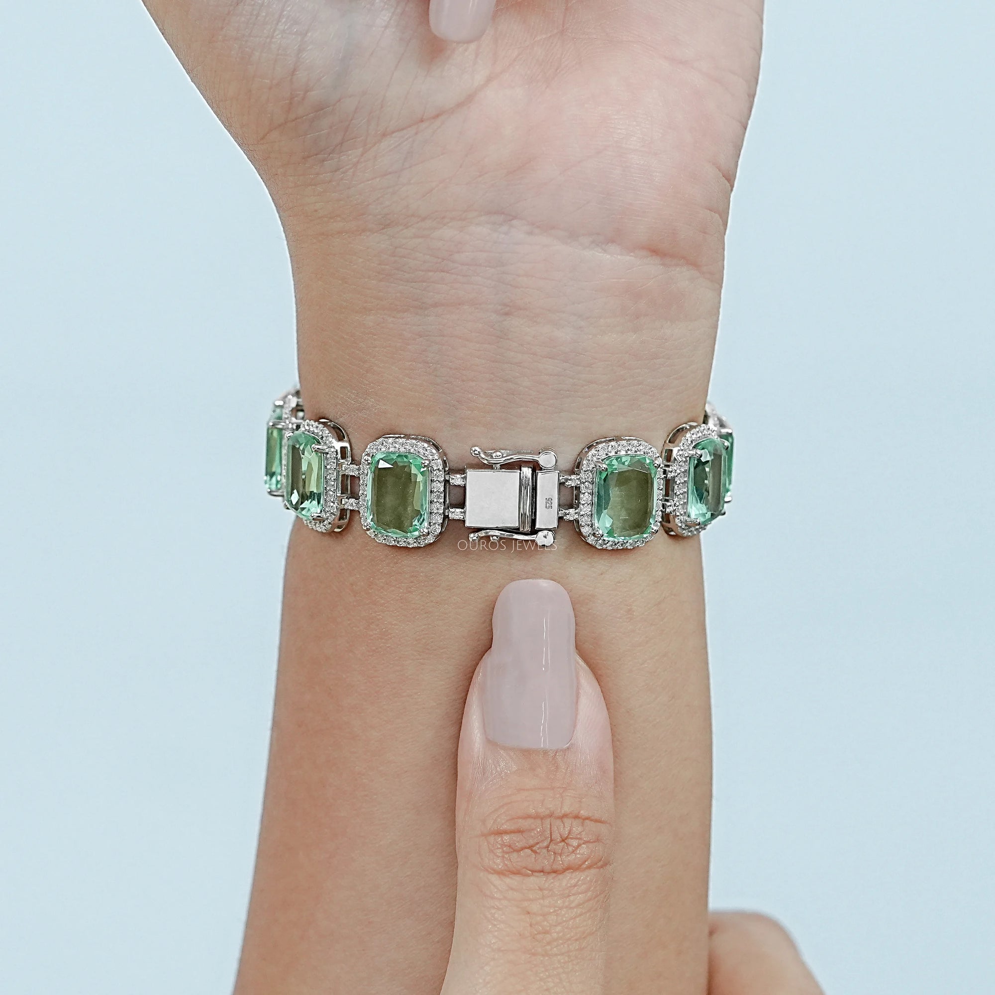 Mint Green Elongated Cushion Gemstone Halo Bracelet