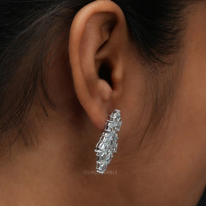 [A Women wearing Moval and Lozenge Diamond Earrings for Women]-[Ouros Jewels]