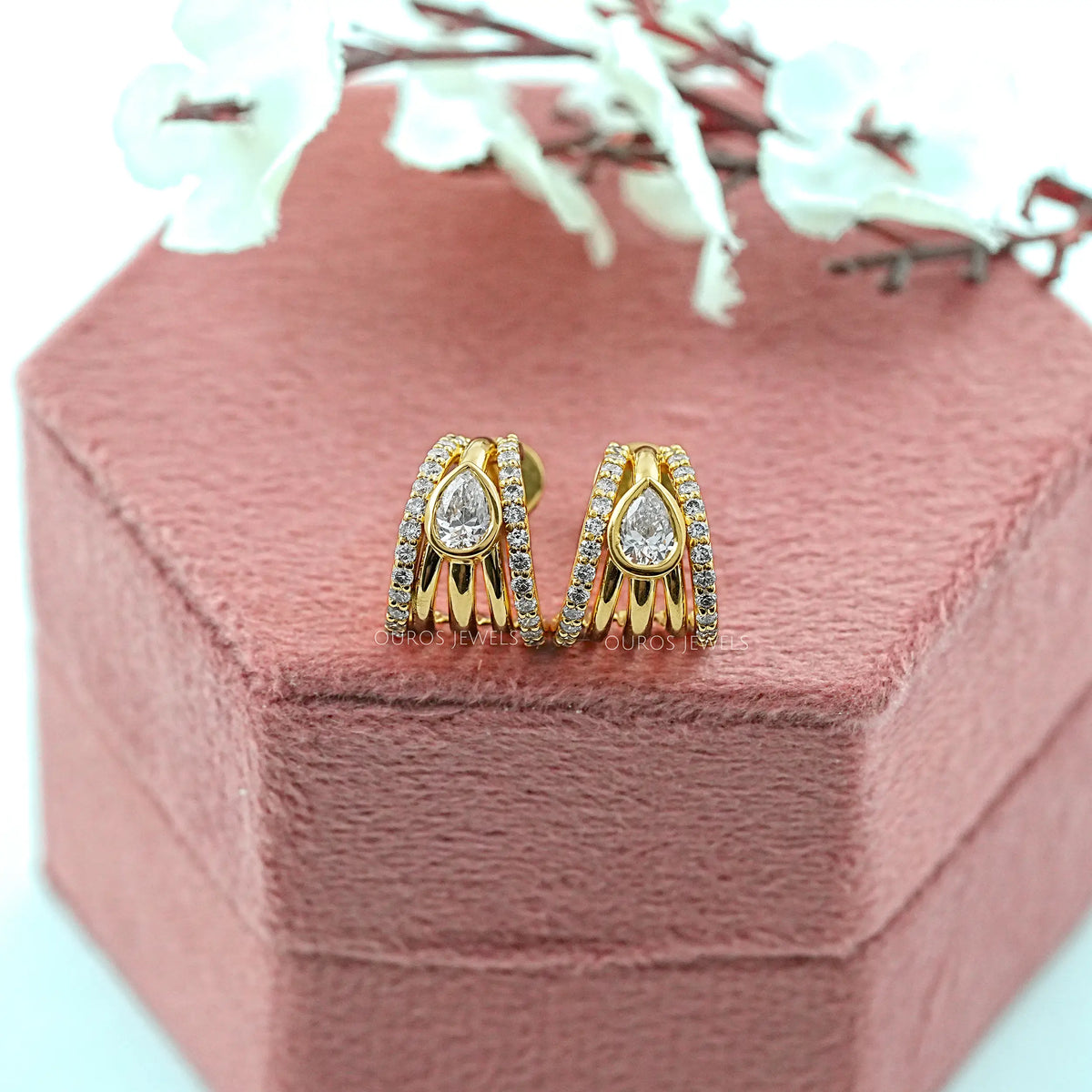 Multi Row Bezel Pear Diamond C Hoop Earrings
