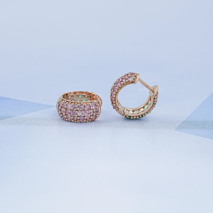 Natural Gemstone Pave Huggie Hoop Earrings