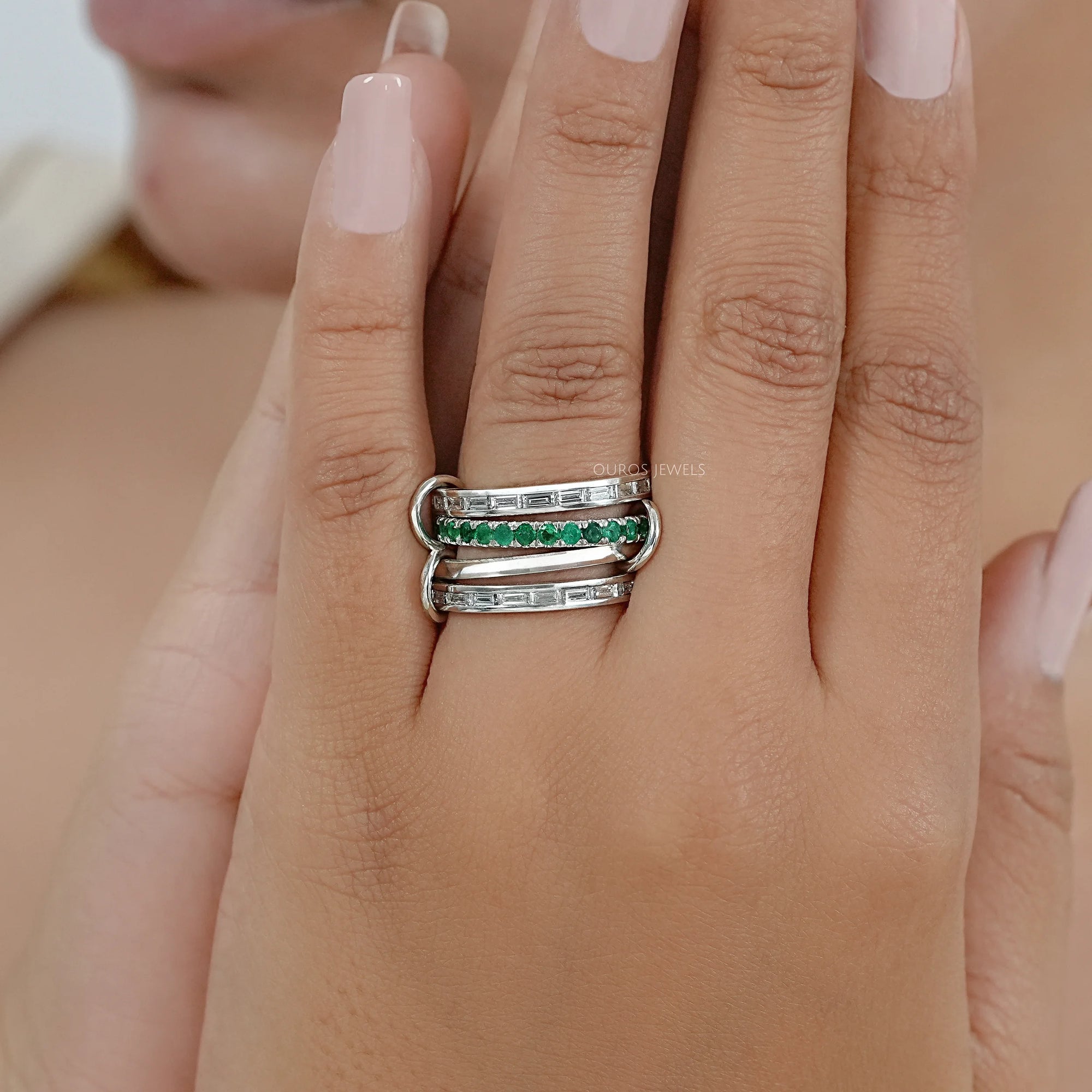 Interlink Natural Round Gemstone Wedding Band