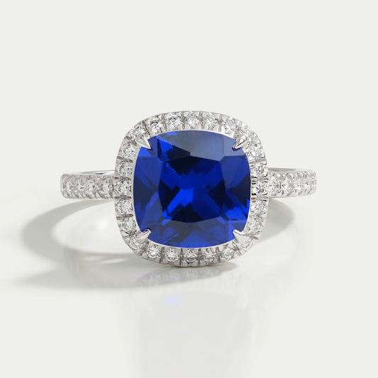 Blue Cushion Cut Halo Diamond Engagement Ring