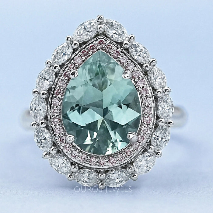 Aquamarine Pear Gemstone Double Halo Engagement Ring