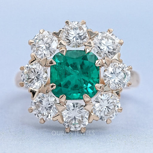 Emerald Square Cushion Round Halo Floral Engagement Ring