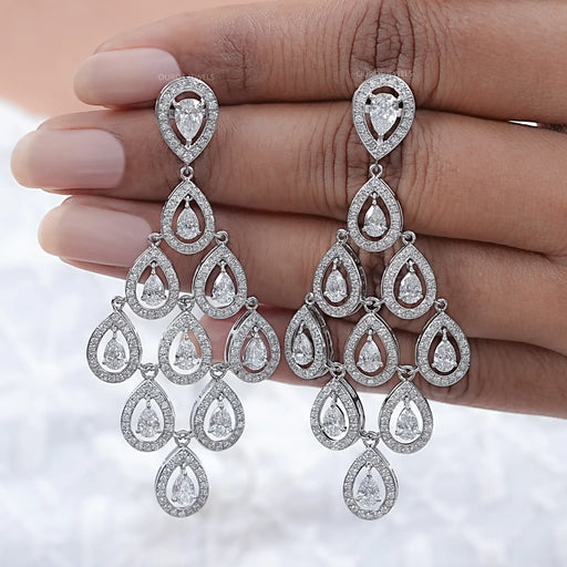 Pear Diamond Halo Set Dangle Chandelier Earrings